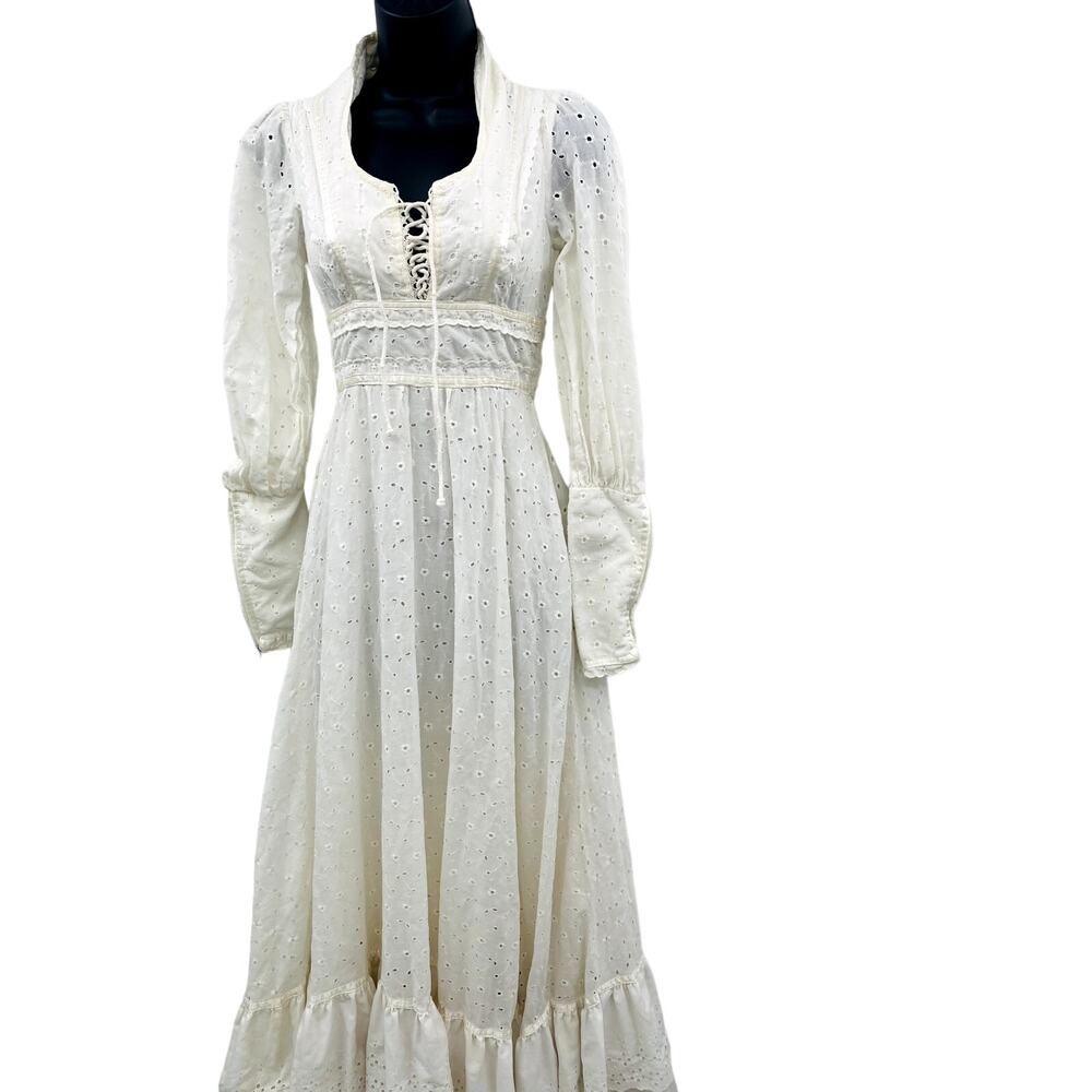 Gunne Sax Vintage Eyelet Prarie Lace Up Long Sleeve Dress - Picture 5 of 5